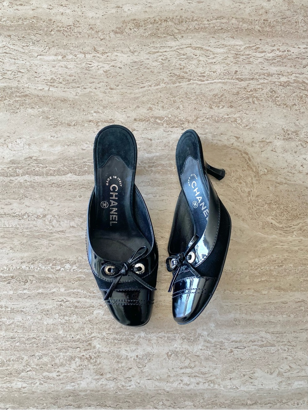 Vintage Chanel Cap Toe Bow Mule Heels